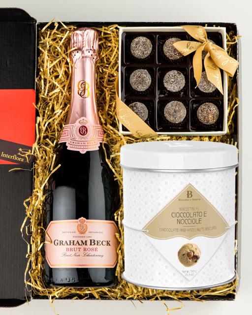 Graham Beck Rose sparkling wine, champagne chocolates and gourmet cookies