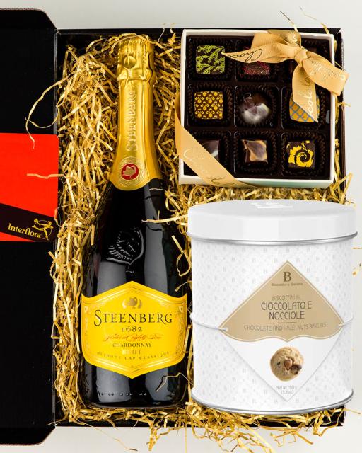 Steenberg Chardonnay Brut sparkling wine, chocolates and gourmet cookies