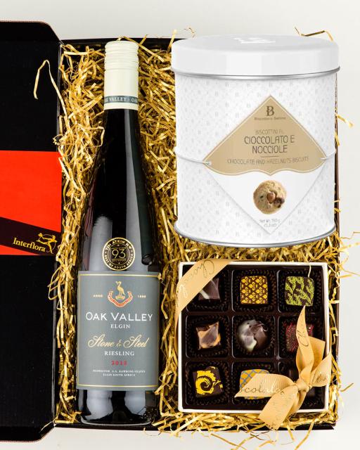 Oak Valley Riesling wine, chocolates and gourmet cookies