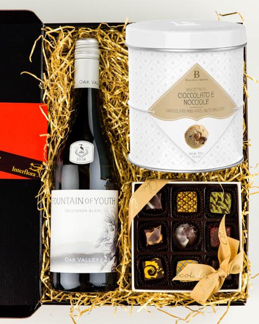 Oak Valley Fountain of Youth white wine, chocolates and gourmet cookies