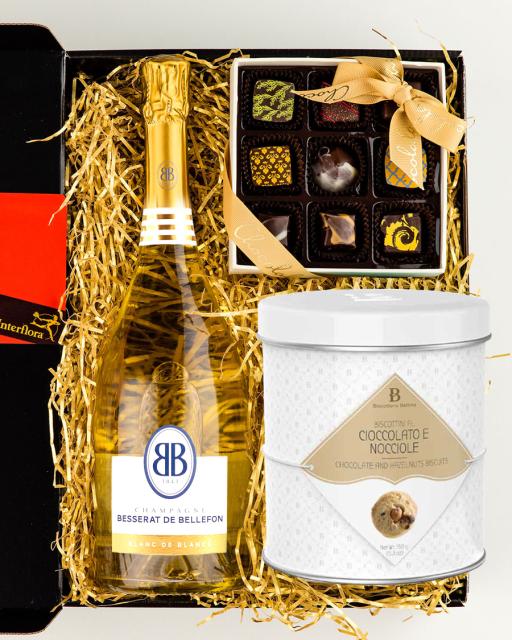 Besserat de Bellefon Blanc de Blancs champagne, chocolates and gourmet cookies