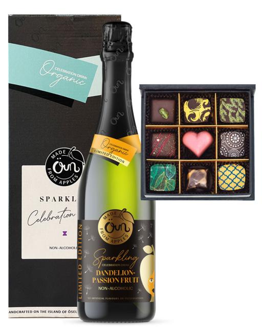 Grenadilla sparkling drink (0% alc) in a gift box and chocolates